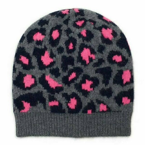 Grey, Navy and Pink Leopard Print Cashmere Beanie