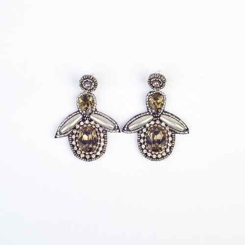 Bee Drop Silver Metallic Bead And Gem Earrings