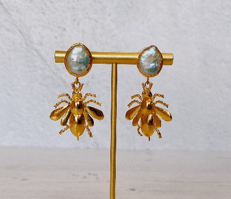 Bee Drop Earrings with Raw Pearl Stud (22ct Gold Plate)