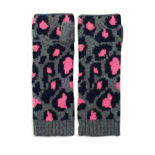 Grey, Navy and Pink Leopard Print Cashmere Wrist Warmers